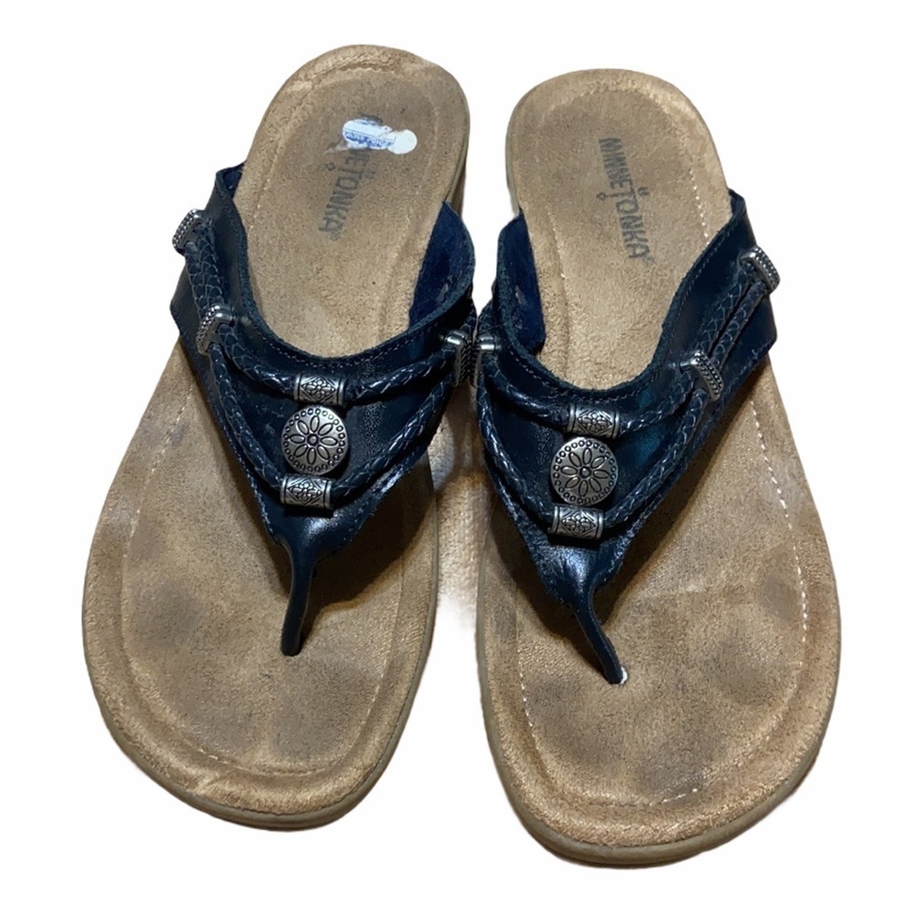 Minnetonka Black Leather Thong Sandals
